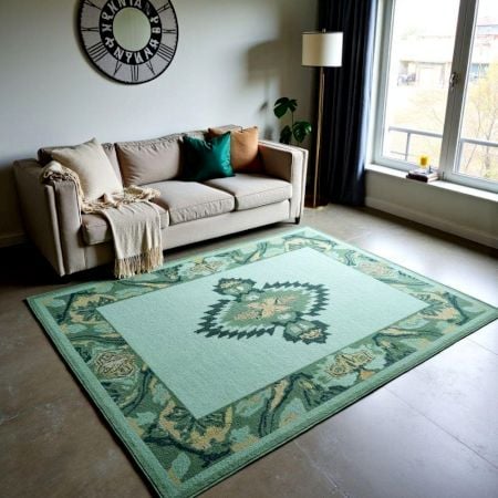 Green Geometric Wool Rug